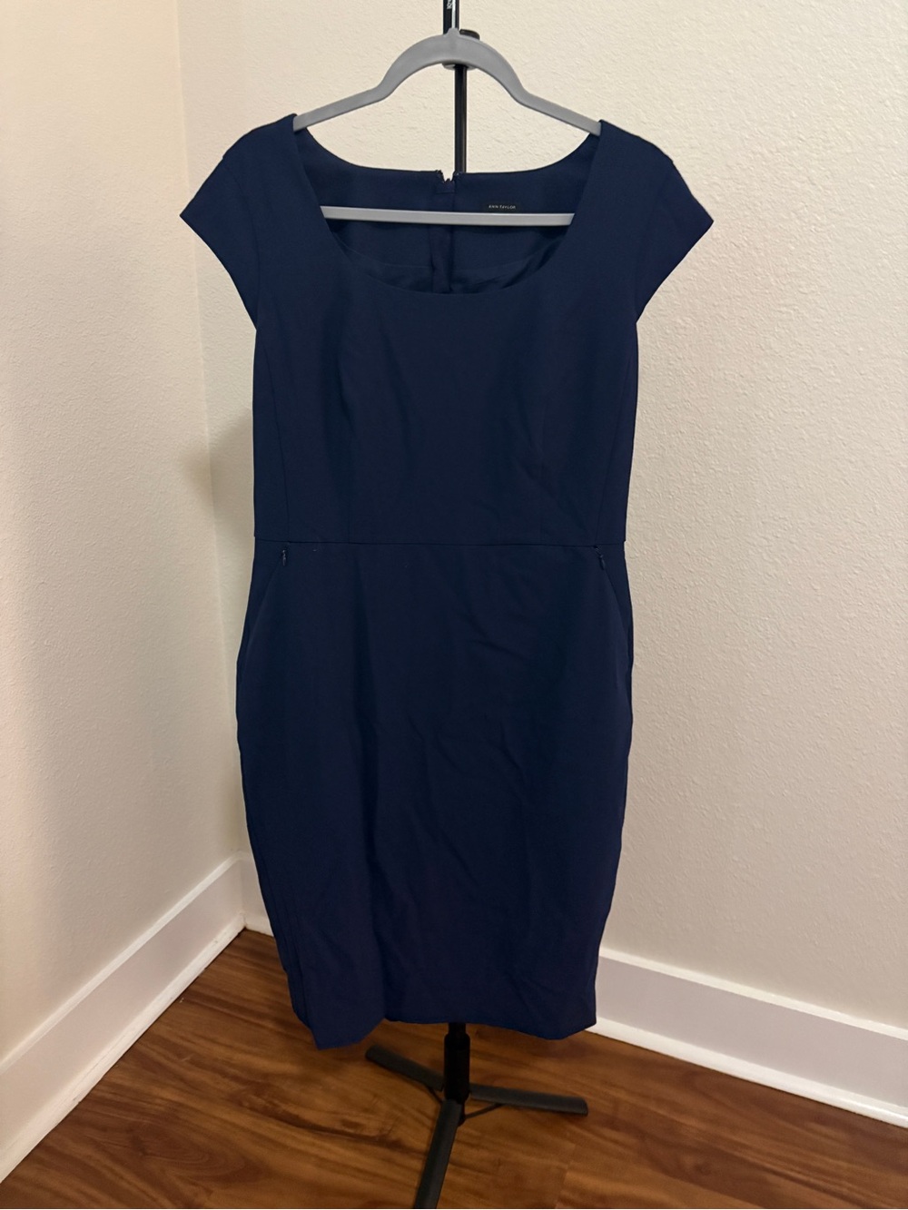 Ann Taylor Navy Cap-Sleeve Midi Sheath Dress